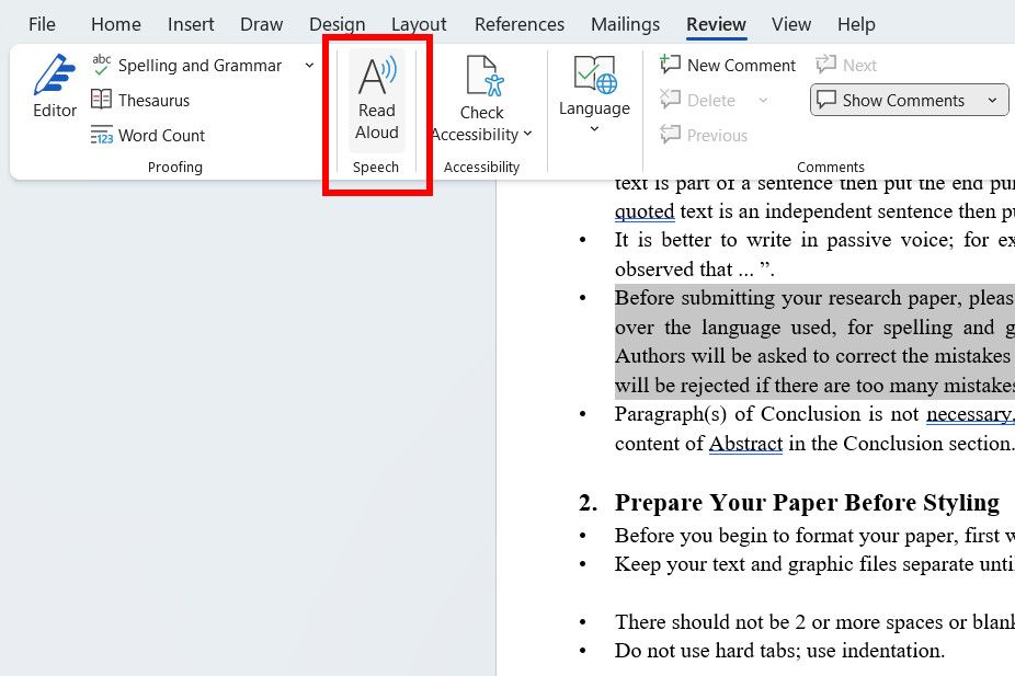 ميزة Microsoft Word اقرأ لقطة شاشة بصوت عالٍ