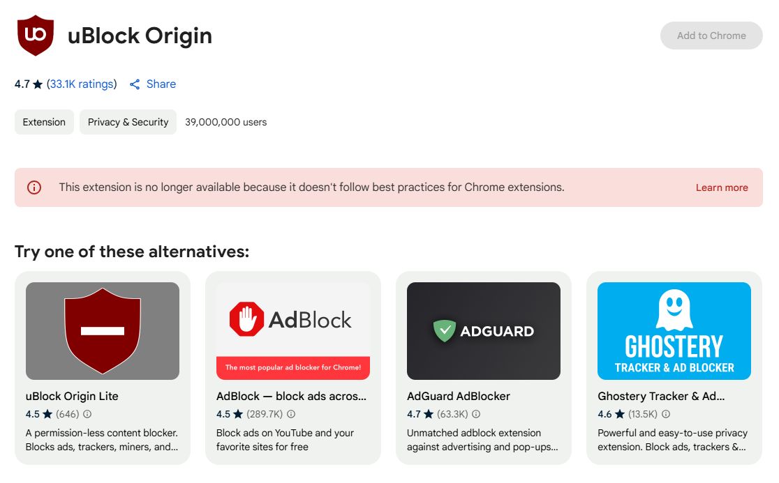 لم يعد امتداد Oblock Origin متاحًا في لقطة شاشة Chrome Web Store