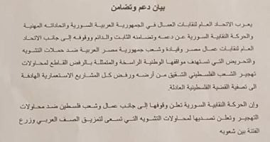 اتحاد نقابات عمال سوريا يؤكد تضامنه مع مصر في رفض تهجير الفلسطينيين ويشيد بمواقفها الوطنية عام 2025