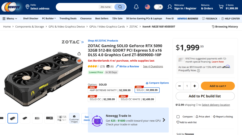 توافر بطاقات RTX 5090 بسعرها الأساسي على Newegg لعام 2025