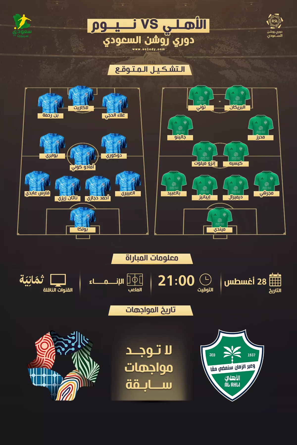 كل ما تريد معرفته عن مواجهة الأهلي ونيوم بدوري روشن 2025.. التوقيت والقنوات والتشكيلات المحتملة