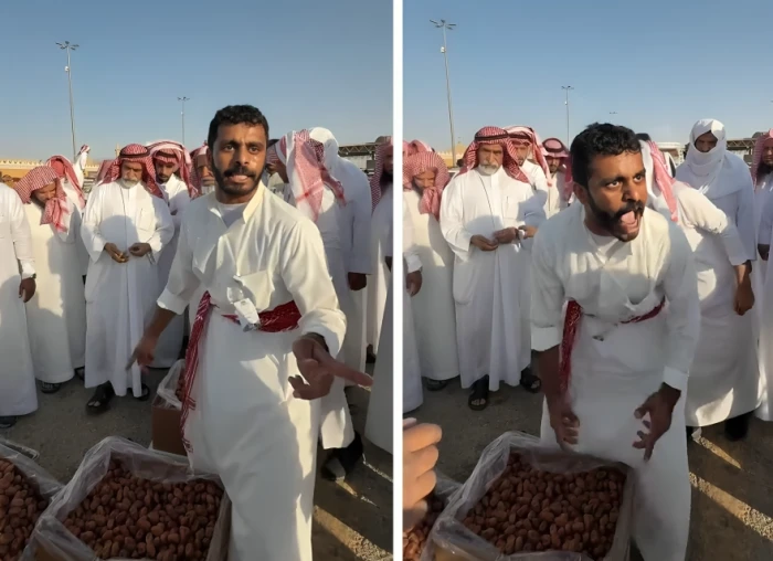 مشهد طريف يلفت الأنظار بمزاد التمور في المملكة.. تفاعل واسع مع أداء مُحرج يوصف بـ”معلق السباق”