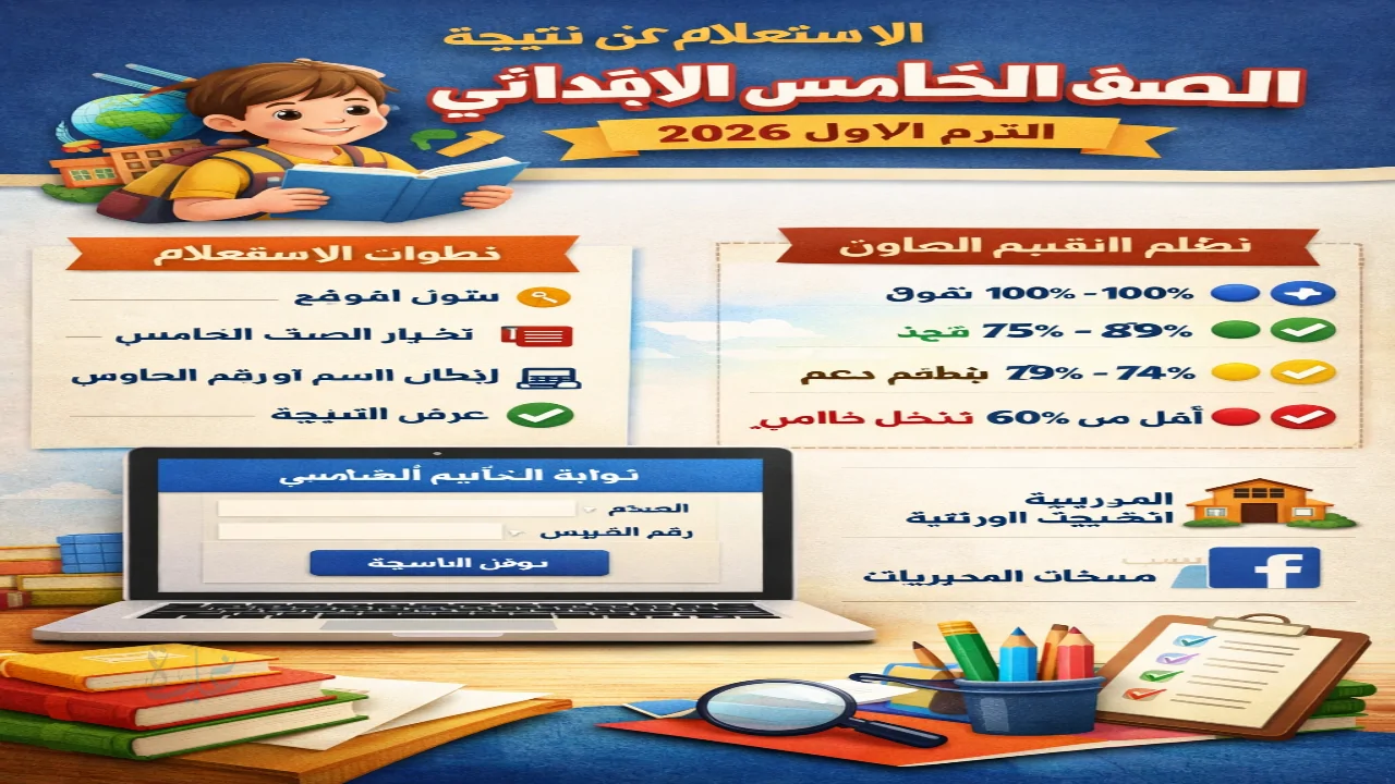 هنا .. رابط نتيجة الصف الخامس الابتدائي الترم الأول 2026 بوابة التعليم الأساسي