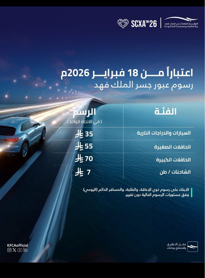 بداية من يوم 18 شباط 2026 .. رفع رسوم عبور جسر الملك فهد والفئات المستثناه رسوم عبور جسر الملك فهد