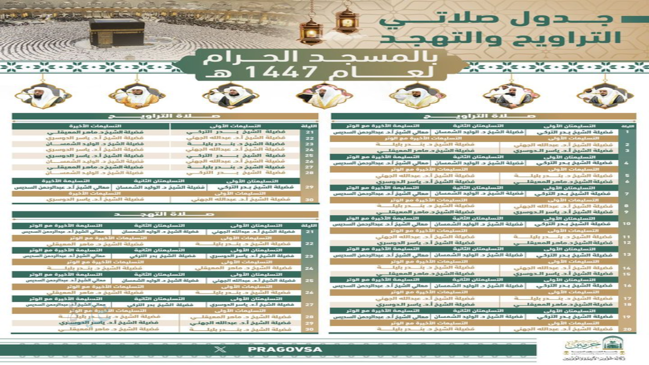 جدول صلاة التراويح في الحرم المكي 1447 والمسجد النبوي 1447 رمضان 2026