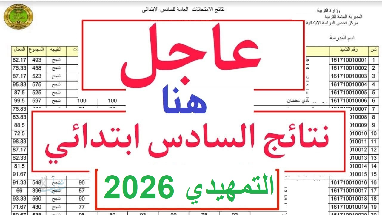 ظهرت توه.. نتائج السادس الابتدائي التمهيدي 2026 عبر موقع نتائجنا
