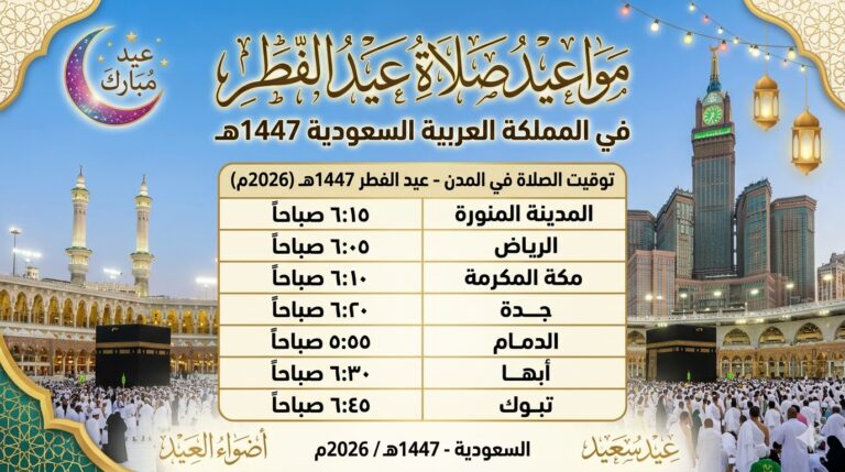 موعد صلاة العيد في السعودية جميع المناطق.. الساعة كم تُقام صلاة عيد الفطر المبارك 2026؟